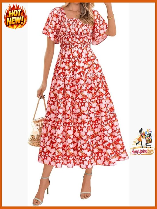 Dresses & Skirts - Boho Floral Maxi Dress Smocked Bust Square Neck Short Sleeve Casual Beach